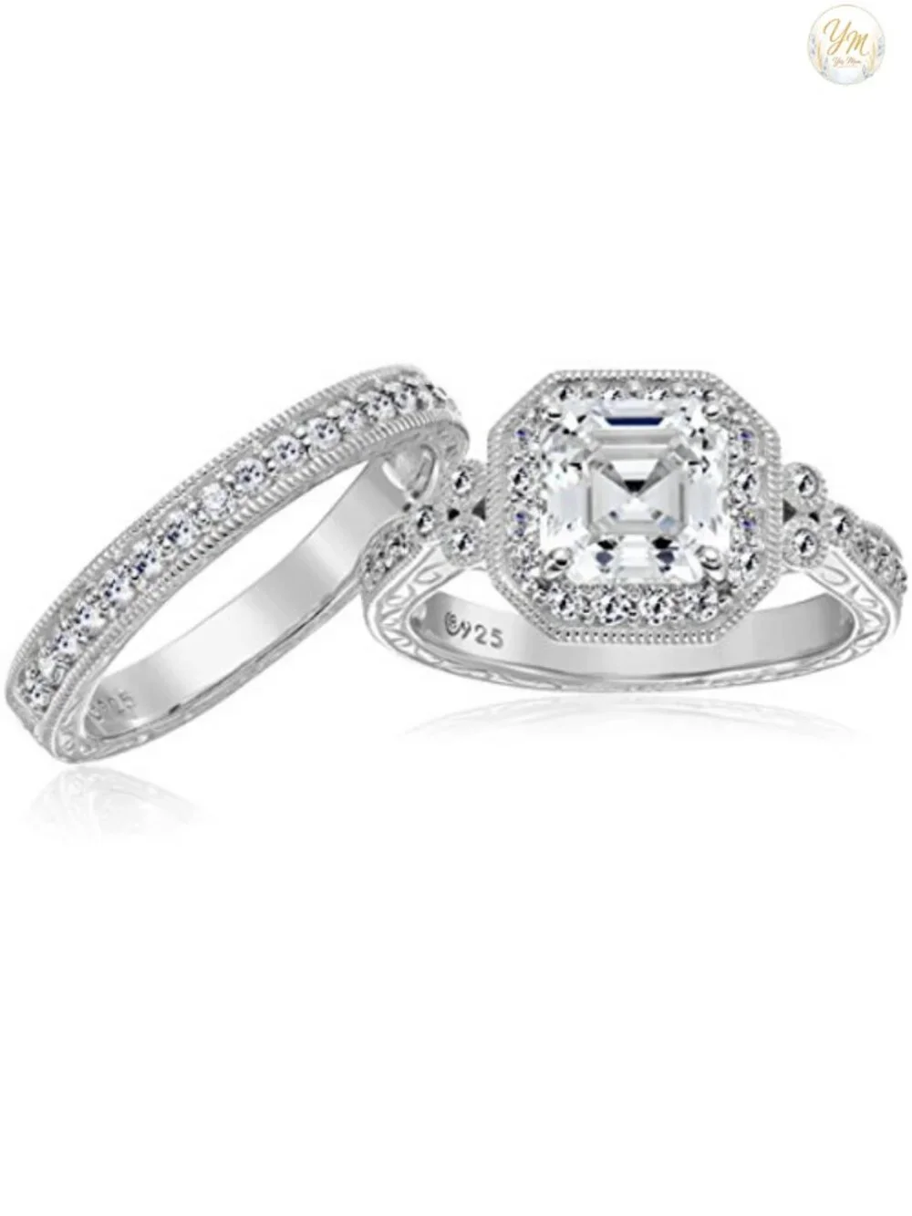Platinum Plated Sterling Silver Antique Halo Engagement Ring Set with